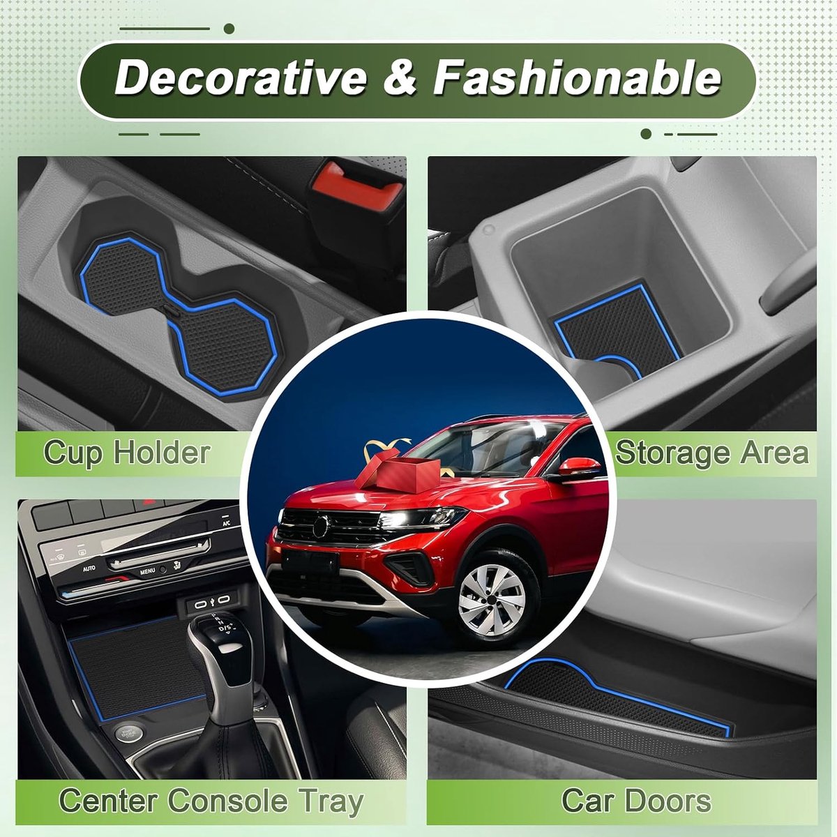Compatibel met VW T-Cross 2018-2024 2025, antislip vloermatten voor VW T Cross Life Style R-Line GOAL rubberen matten voor middenconsole, bekerhouder, deurgroeven (blauw)