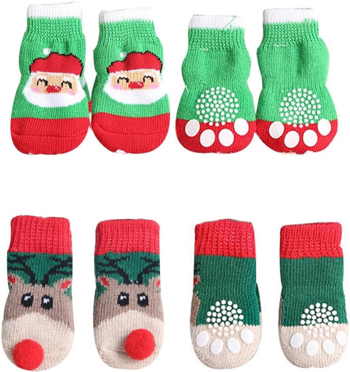 2 paar antislip hondensokken met verstelbare banden, zacht, elastisch en ademend, dubbelzijdig, kerstkousen (M)
