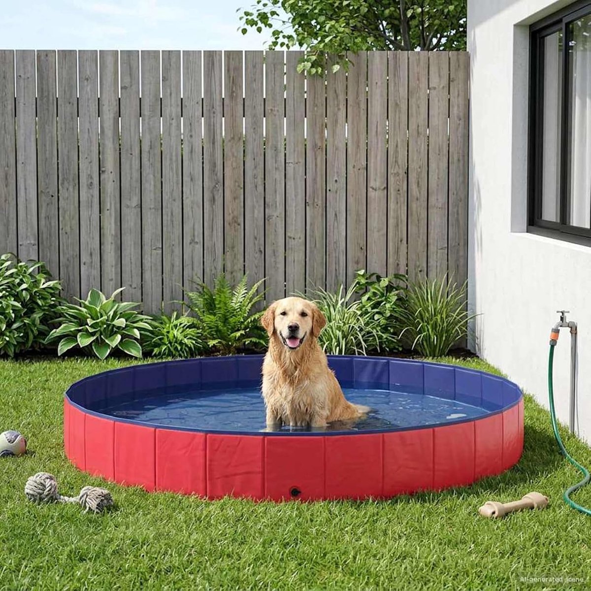 Hondenzwembad, rood, diameter 300 x 38 cm, pvc, opvouwbaar, basis van hout, tuin, terras, reizen, stabiel, verfrissend, warme zomerdagen, speelplezier, honden