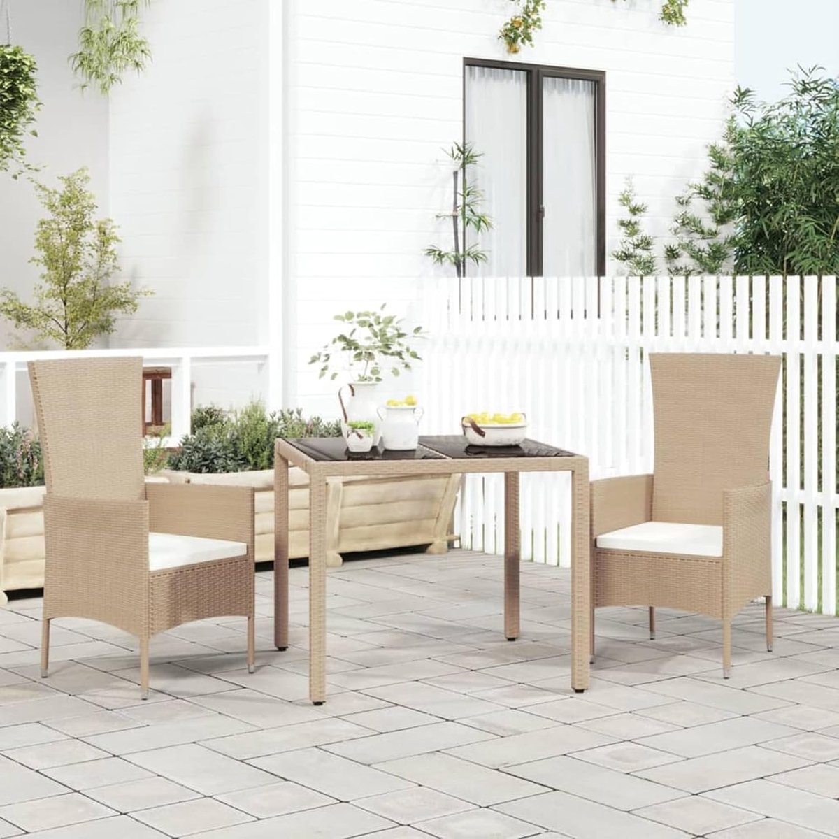 Tuintafel met glasplaat, tuin-eettafel, terrastafel, balkontafel, tuinmeubelen, buffettafel, campingtafel, bijzettafel, salontafel, partytafel voor tuin, beige, polyrotan & gehard glas