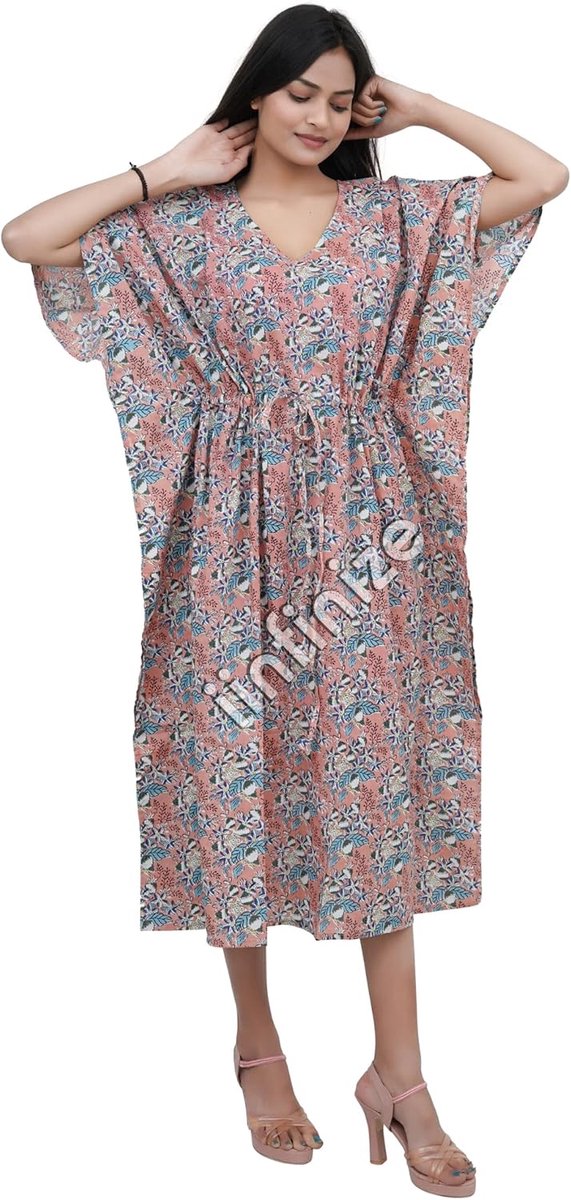 Etnische Caftan Gedrukt Katoen Maxi Kaftan Nachtkleding Jurk Strand Wear Bloemen Jurk Caftan Maat, Perzik, one size