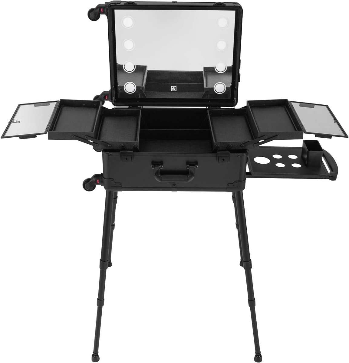 Trolley met 8 ledverlichting, 3 lichtkleuren, in hoogte verstelbare steunpoten (39-85 cm), make-uptas met 4 bestuurbare wielen, professionele cosmetica-organizer voor make-up, cosmetica