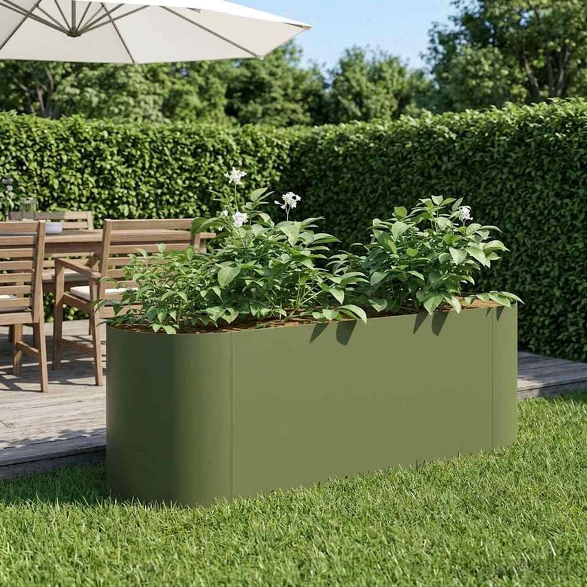Verhoogd bloembed 120 x 40 x 40 cm van staal, olijfgroen, plantenbak voor tuin, groenten en kruiden met bodemloos design