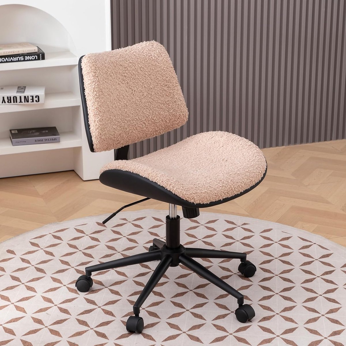 Bureaustoel met Teddy Bekleding, Beige, Hoogteverstelling 80-88 cm, 360° Draaibaar, Kantelbaar 90-120° (Lichtroze)