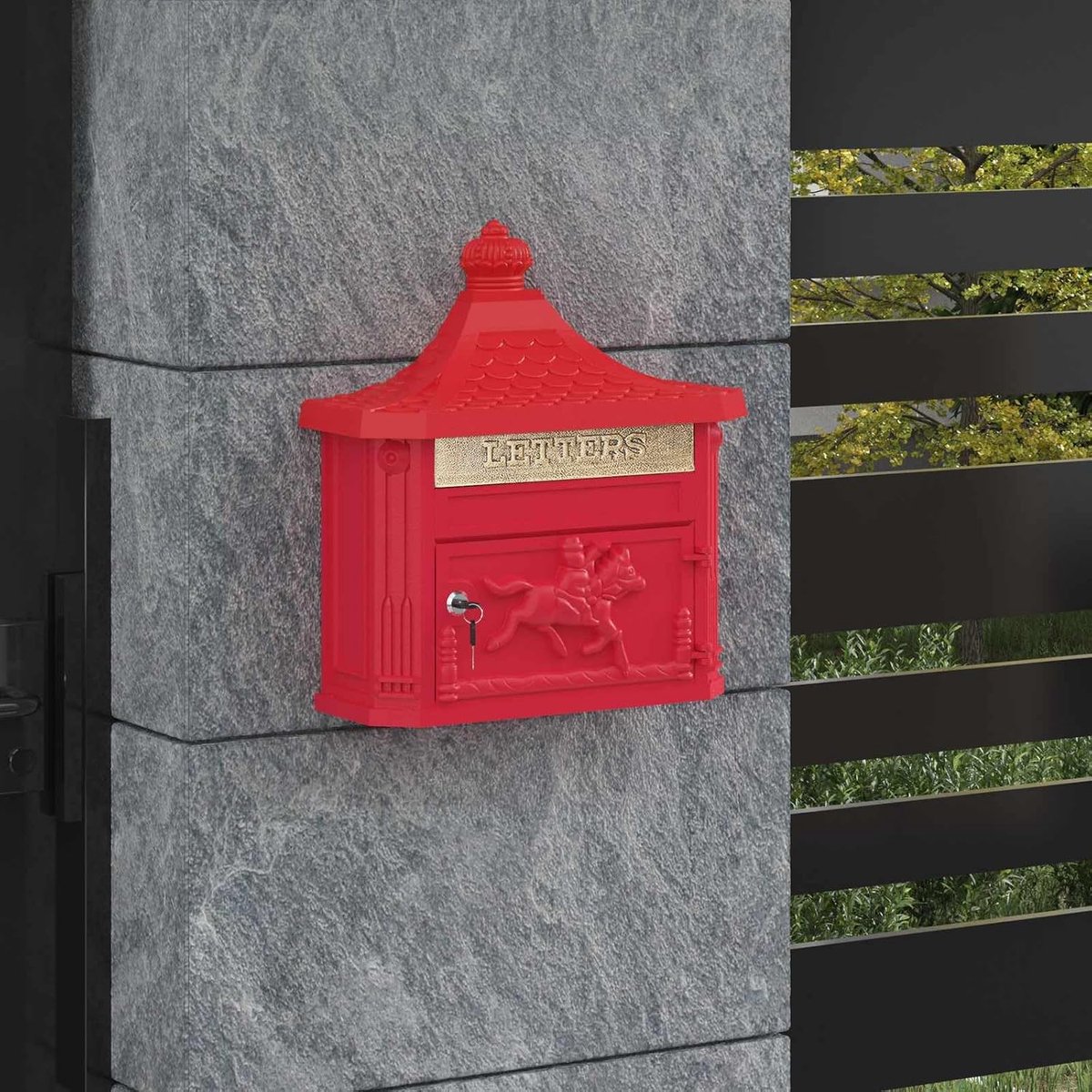 Brievenbus van gegoten aluminium, vintage design, rood, 40,5 x 16 x 45 cm, weerbestendige brievenbus met regendak en slot