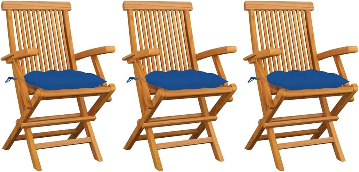 Tuinstoelen met kussens, set van 2/3/4/6 klapstoelen, klapstoel met rugleuning, outdoorstoelen voor balkon, stoel van massief teakhout, kleur kussen: blauw