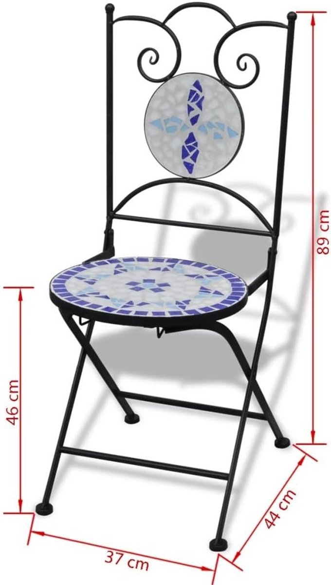 Set van 2 tuinstoelen voor buiten, met mozaïek design voor tuin, terras of balkon, 37 x 44 x 89 cm, blauw en wit