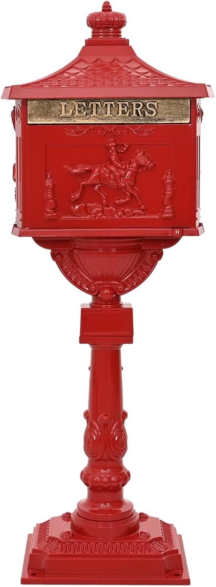 Staande brievenbus rood 42,5 x 29,5 x 117 cm gegoten aluminium waterdicht ontwerp met veilige kamsloten voor tuin en terras