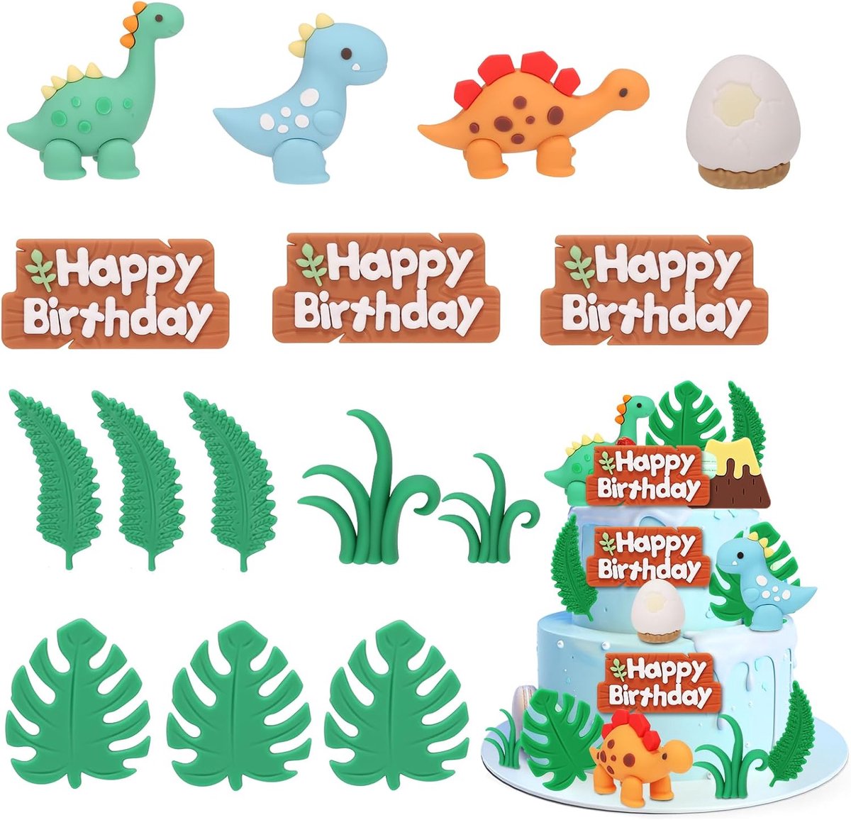 16 stuks dino-taartdecoratie, dino-taartdecoratie, dino-taartdecoratie, dinosaurusset, dinosaurus-taartopzetstuk voor kinderen, jongens, feestdecoratie