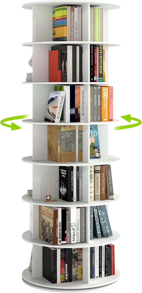 Boekenrek smal, Rotating Bookshelf, boekenrek vrijstaand, 360° vrij draaibaar staand rek wit draairek kantoorrek decoratief rek met 7 niveaus MDF wit φ59 X H 161,3 cm