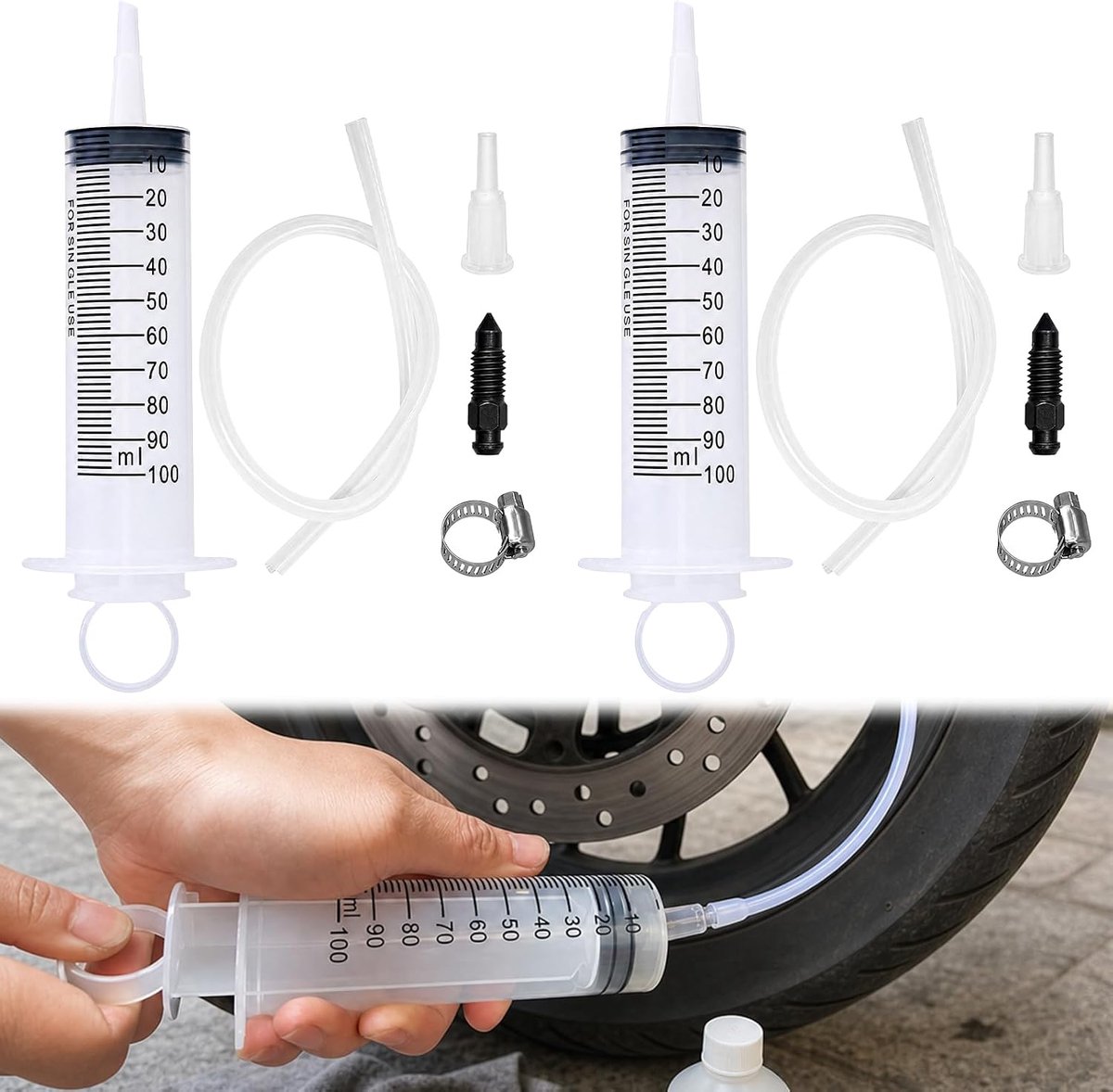 2 sets remontluchtingsapparaat motorfiets, spuit 100 ml met 50 cm slang