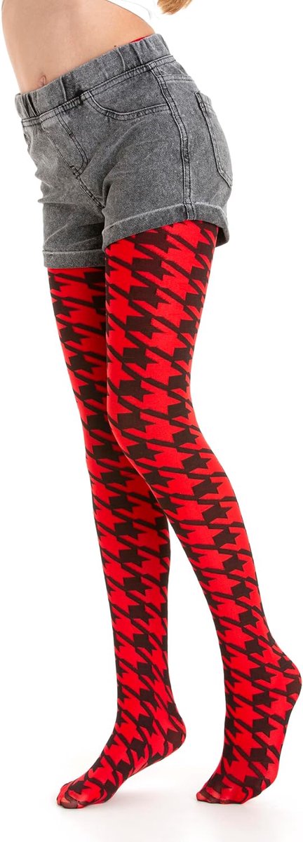Maillots met Houndstooth Patroon, 50 Denier Microfiber, Rood/Zwart, Wit/Zwart en Paars/Zwart