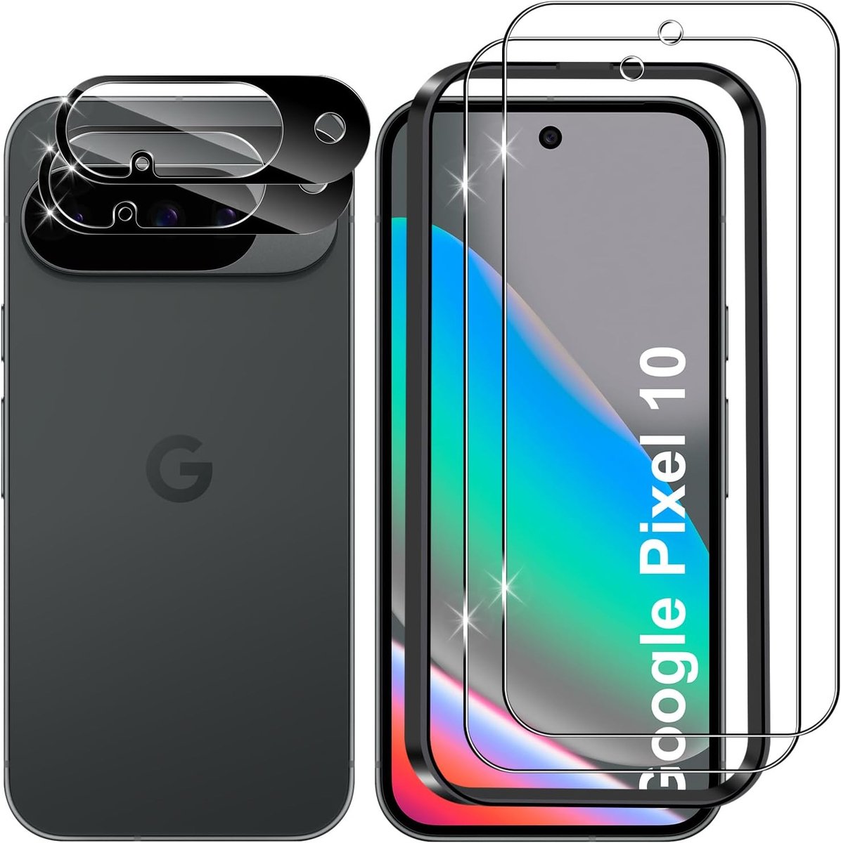 Displaybeschermfolie voor Google Pixel 10, 2 + 2 stuks, zwart, hardheid 9H, anti-vingerafdruk, krasbestendig, HD, zonder luchtbellen