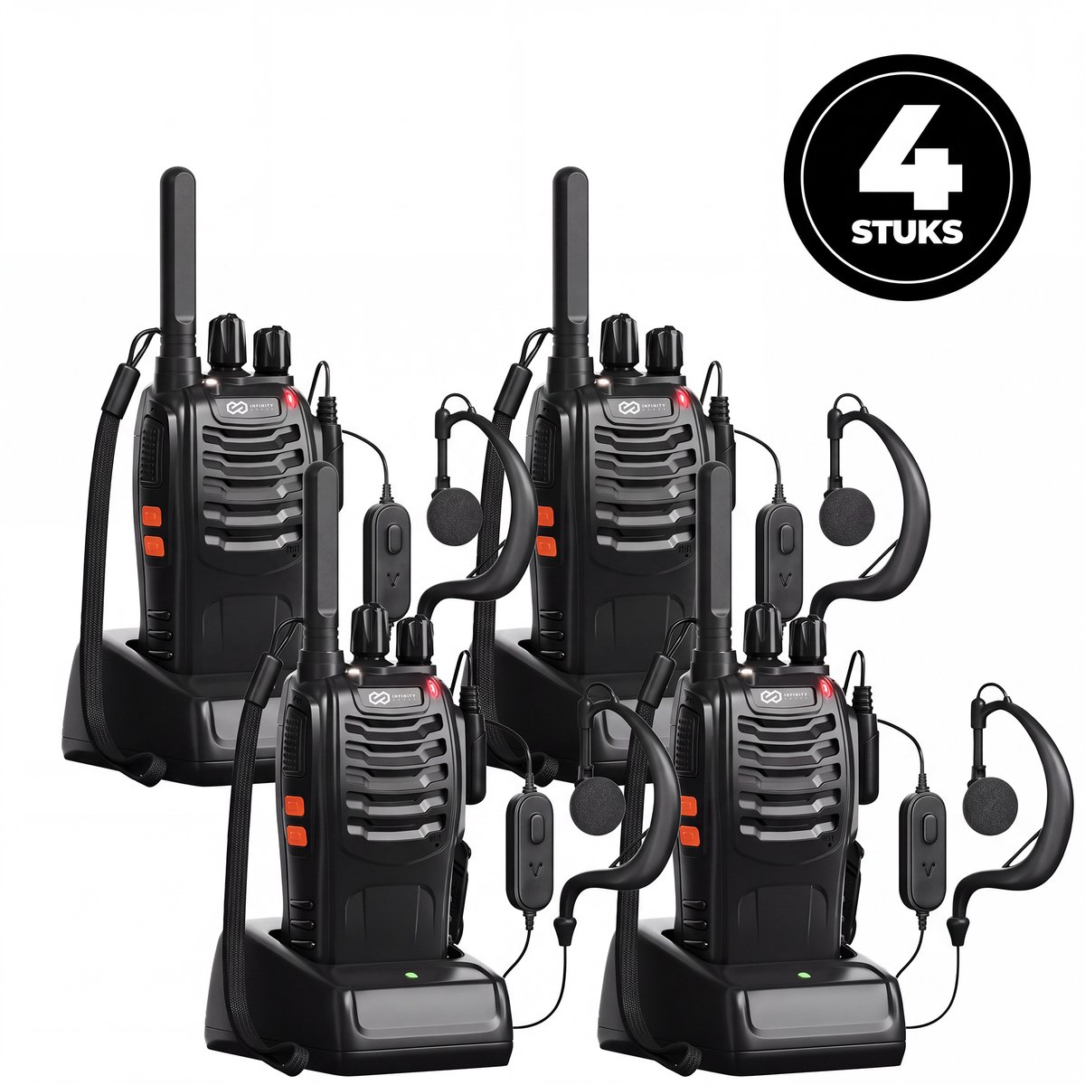 Infinity Goods Professionele Portofoon 4 Stuks - Walkie Talkie - 5km Bereik - LED Zaklamp - PMR 446 Mhz - Zwart