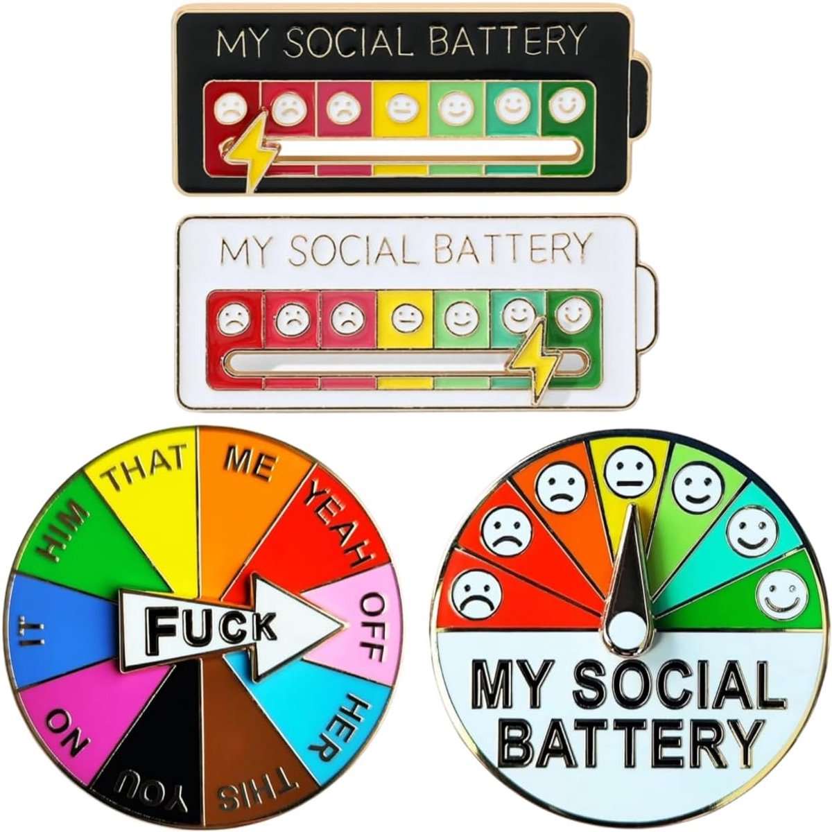 4 Stuks Social Battery Pin Broche Grappige Sociale Batterij Pins voor Zelfexpressie Modieus Accessoire Emaille Pins Rugzakken Jassen Hoeden