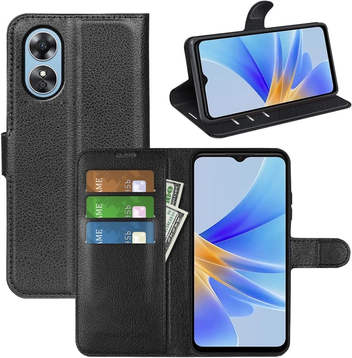 Hoes voor Oppo A17, telefoonhoes lederen flip case tas met standfunctie, kaartenvak, magnetische gesp, siliconen bumper, beschermhoes cover voor Oppo A17, zwart