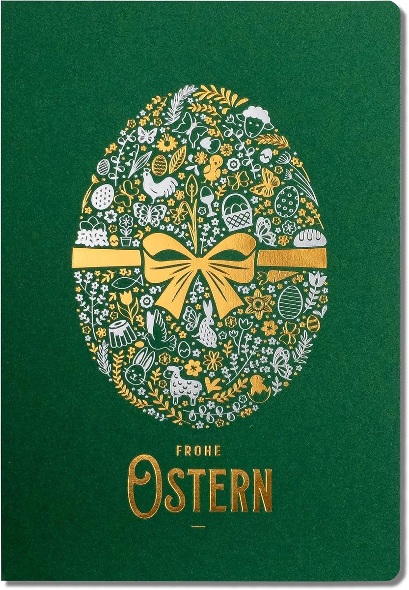 Paaskaarten – set van 10 manufacturekaarten in groen 120 x 170 mm, vergulde en geperste paasmotieven gemaakt van mat sieradenpapier, met bijlagen en enveloppen
