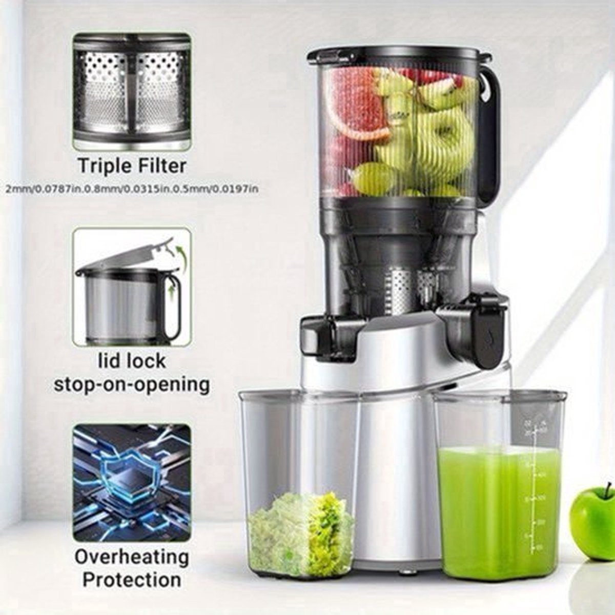 Slowjuicer – Langzame Juicer – Sapcentrifuge – Fruitpers – Groentepers – Ruime Vulopening 135 Mm – Grote Inhoud 1,8 Liter - Zilver
