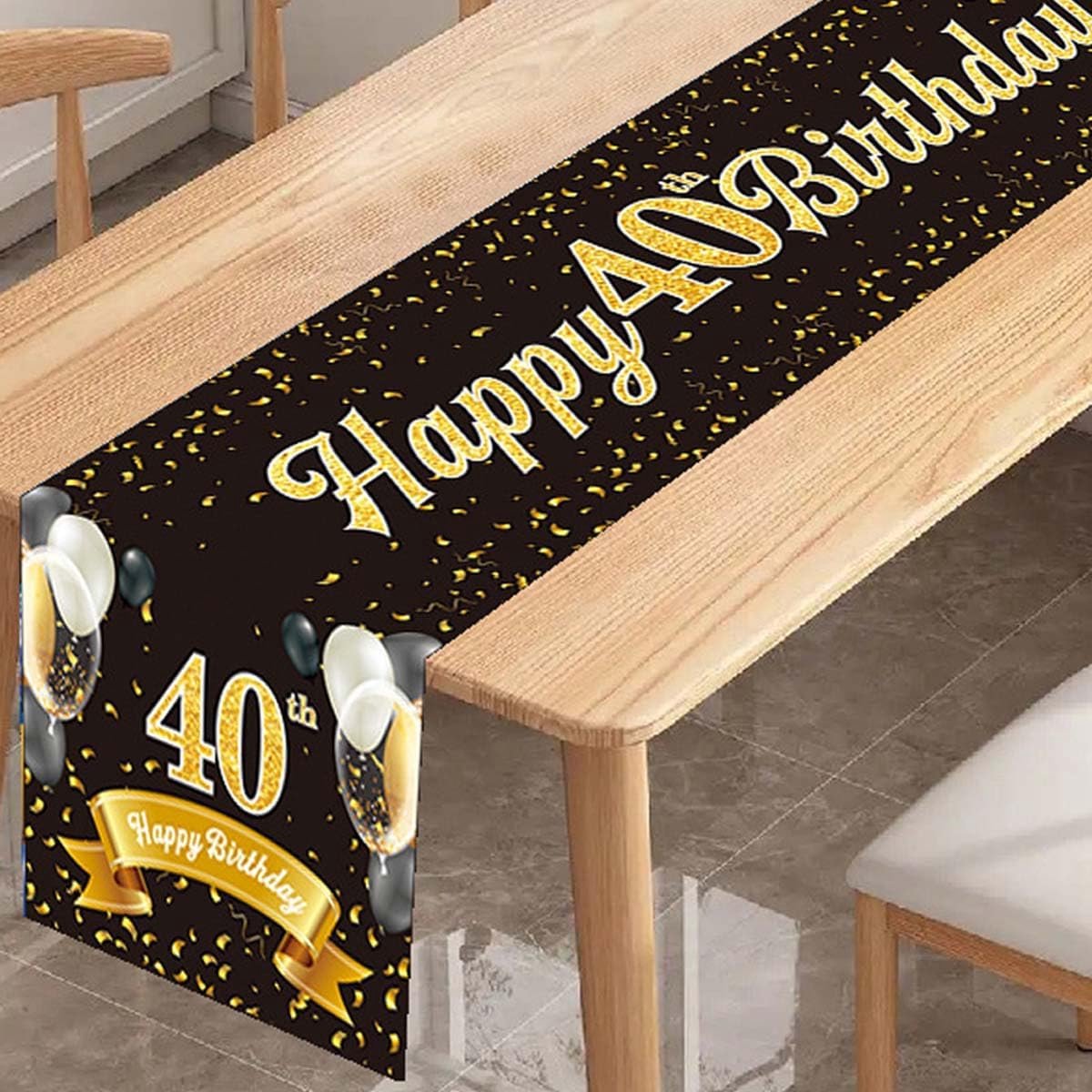 Tafelloper 40e verjaardag zwart goud - 40e verjaardag decoratie, Happy 40th Birthday tafelloper voor mannen en vrouwen, perfect voor jubileumfeesten, feesten en diner decoratie - 180 x 35 cm