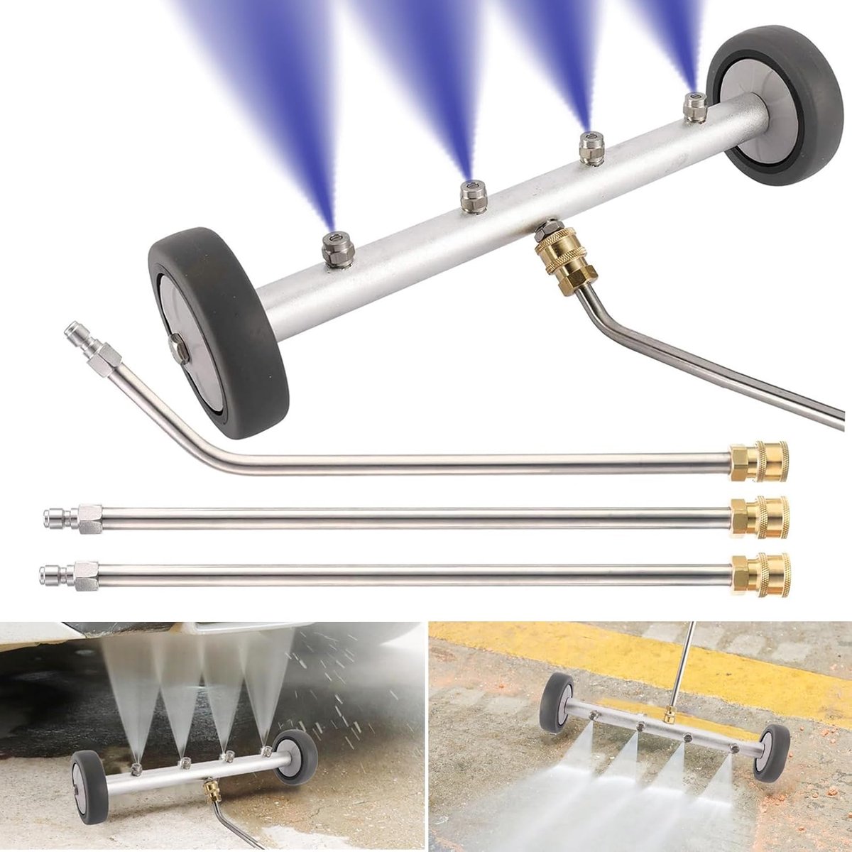 Waterbezem voor hogedrukreiniger, dubbele functie, onderstelreiniger, 16 inch, wasstraat, waterbezem 4 sproeiers met 3 stuks verlengstaf 4000 PSI (zilver)