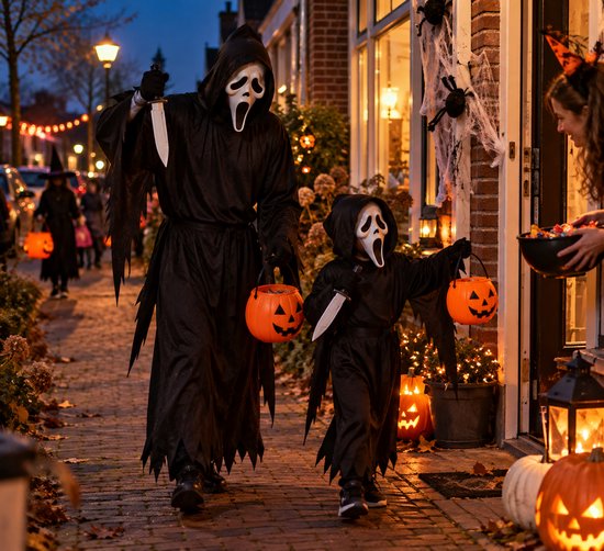 Volwassene en kind in Ghost-kostuums met zwart gewaad, wit masker en speelgoedmes, terwijl ze snoep ophalen bij een huis.