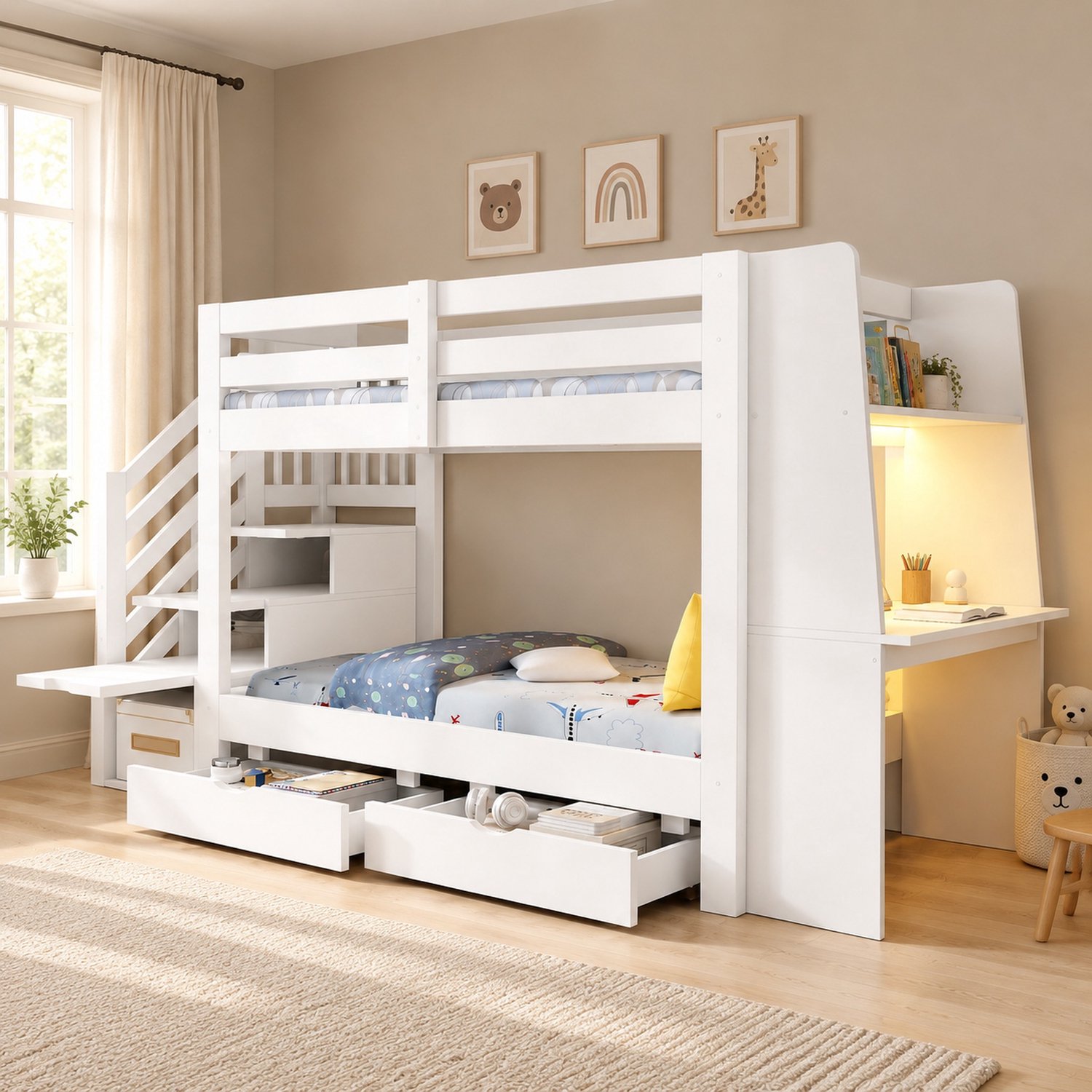 MIVRAY Stapelbed 90x200 cm - Houten Kinderbed met Bureau, Boekenkast, Ledverlichting en Stopcontact - Met Laden - Hout - Wit