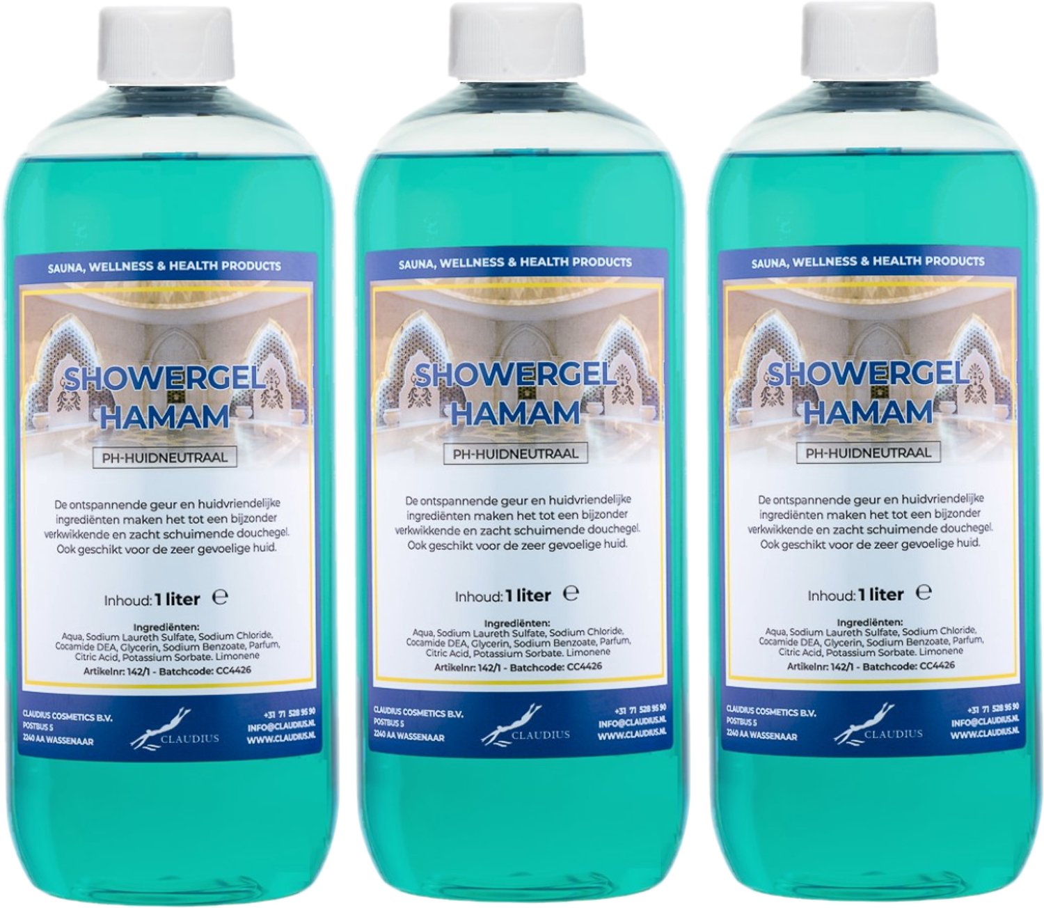 Claudius Douchegel Hamam 1 liter - set van 3 stuks - showergel - navulling - voordeelverpakking