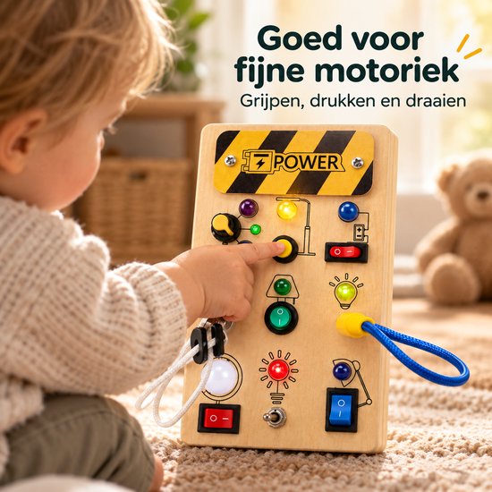Flero Busy Board, Activity Center, Houten Activiteitenbord - Sensorisch Speelpaneel met LED Verlichting, Schakelaars, Knoppen en Sleutel - Montessori Speelgoed voor Peuters en Kleuters - Educatief Montessori Speelgoed, Houten Speelgoed — afbeelding 3