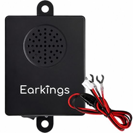 Zwarte EarKings marterverjager met luidsprekerrooster en 12V-aansluitkabels voor in de auto.