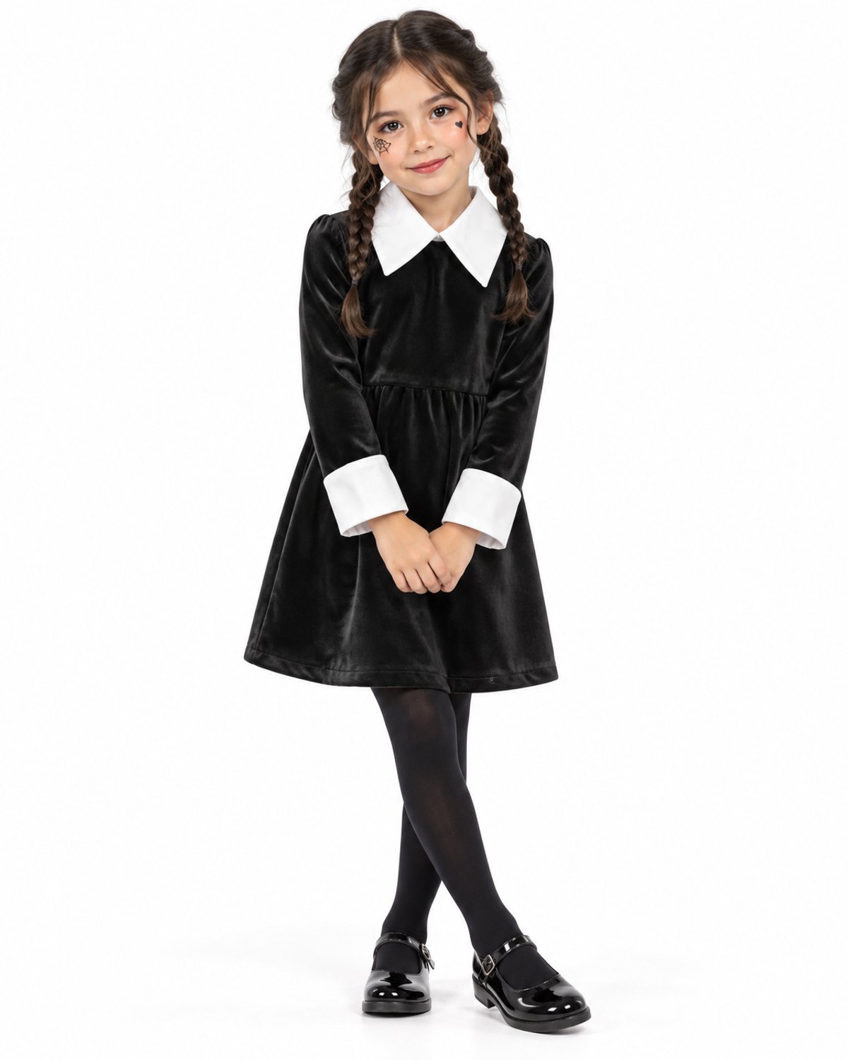 Meisjes Halloween Jurk – Fluweel Look – Zwart met Witte Kraag en Manchetten – Luxe Uitvoering - Maat 116