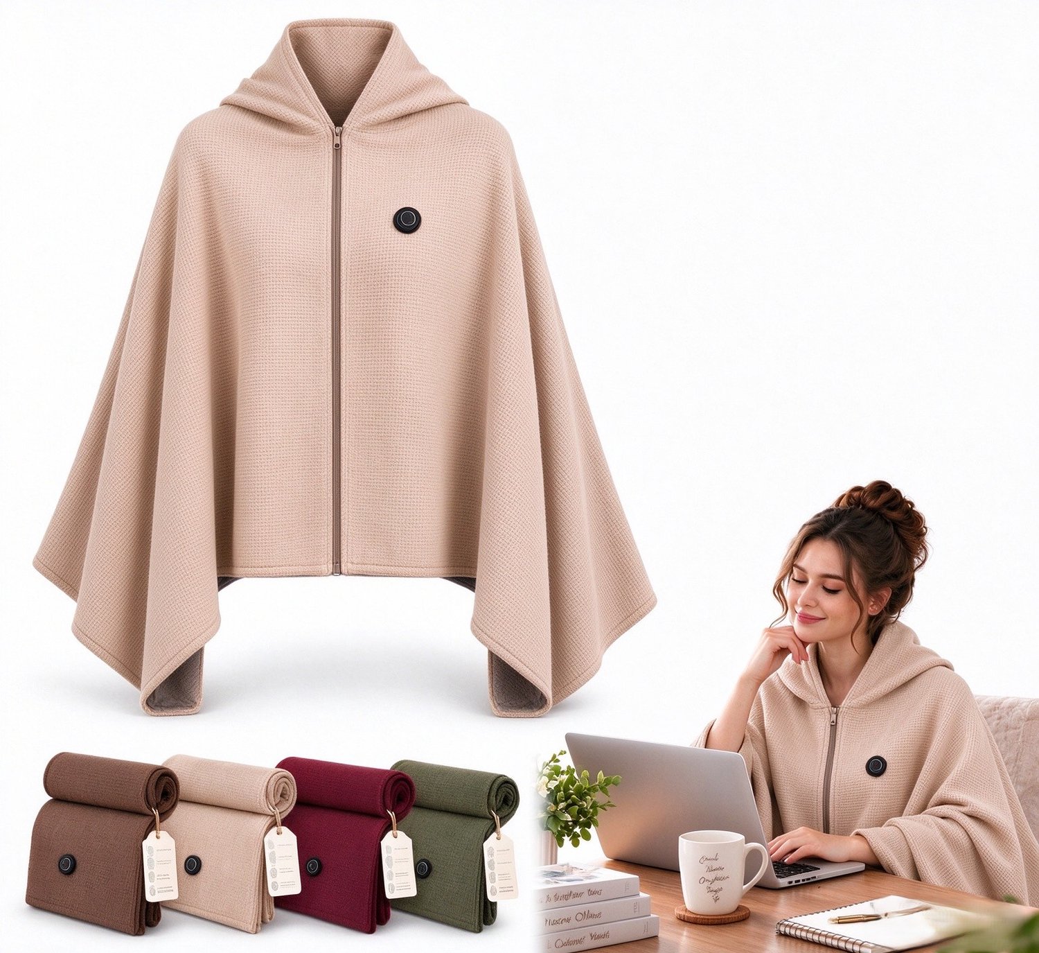 Elektrische deken - 150x80cm - Elektrische Cape met Rits - 8 Zones - 35-55°C - 3 Standen - Hoodie Deken - USB (Excl. Powerbank) - Voor Thuiswerken & Bank - Beige