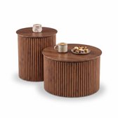 SensaHome Japandi Salontafel Set – 2 Ronde Bijzettafels met Geribbelde Voet – Ø74x41 cm en Ø40x46 cm – Walnoot
