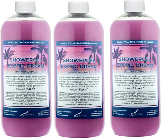 Set van drie flessen Claudius Showergel Exotic Dream (1 liter) met roze douchegel en tropisch palmenlabel.