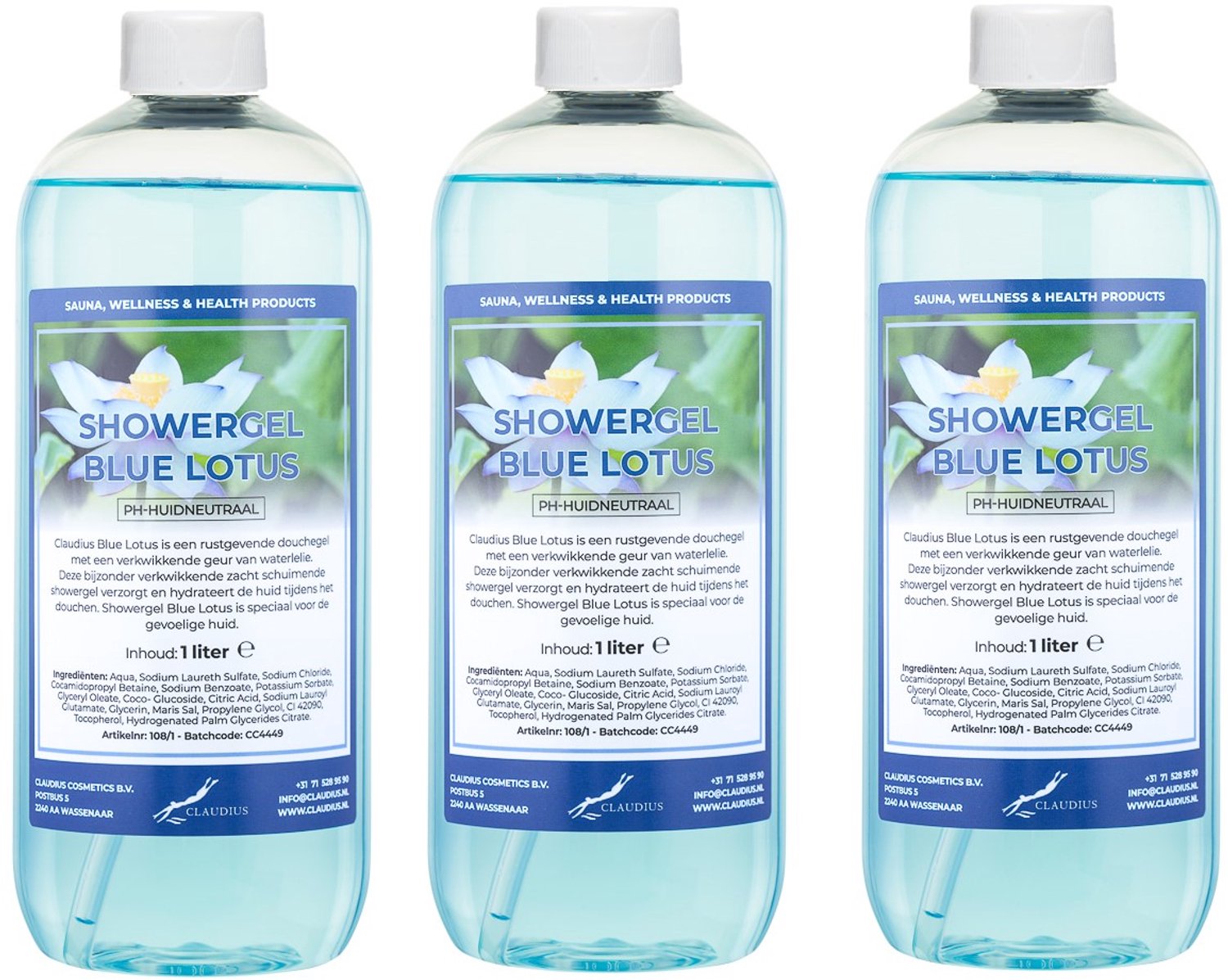 Claudius Douchegel Blue Lotus 1 liter - set van 3 stuks - showergel - navulling - voordeelverpakking