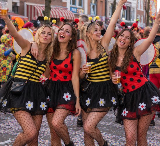 Vrouwen in zwart-geel gestreepte bijenpakjes of rood-zwarte lieveheersbeestjespakjes met vleugels, voelsprieten en tule rok.