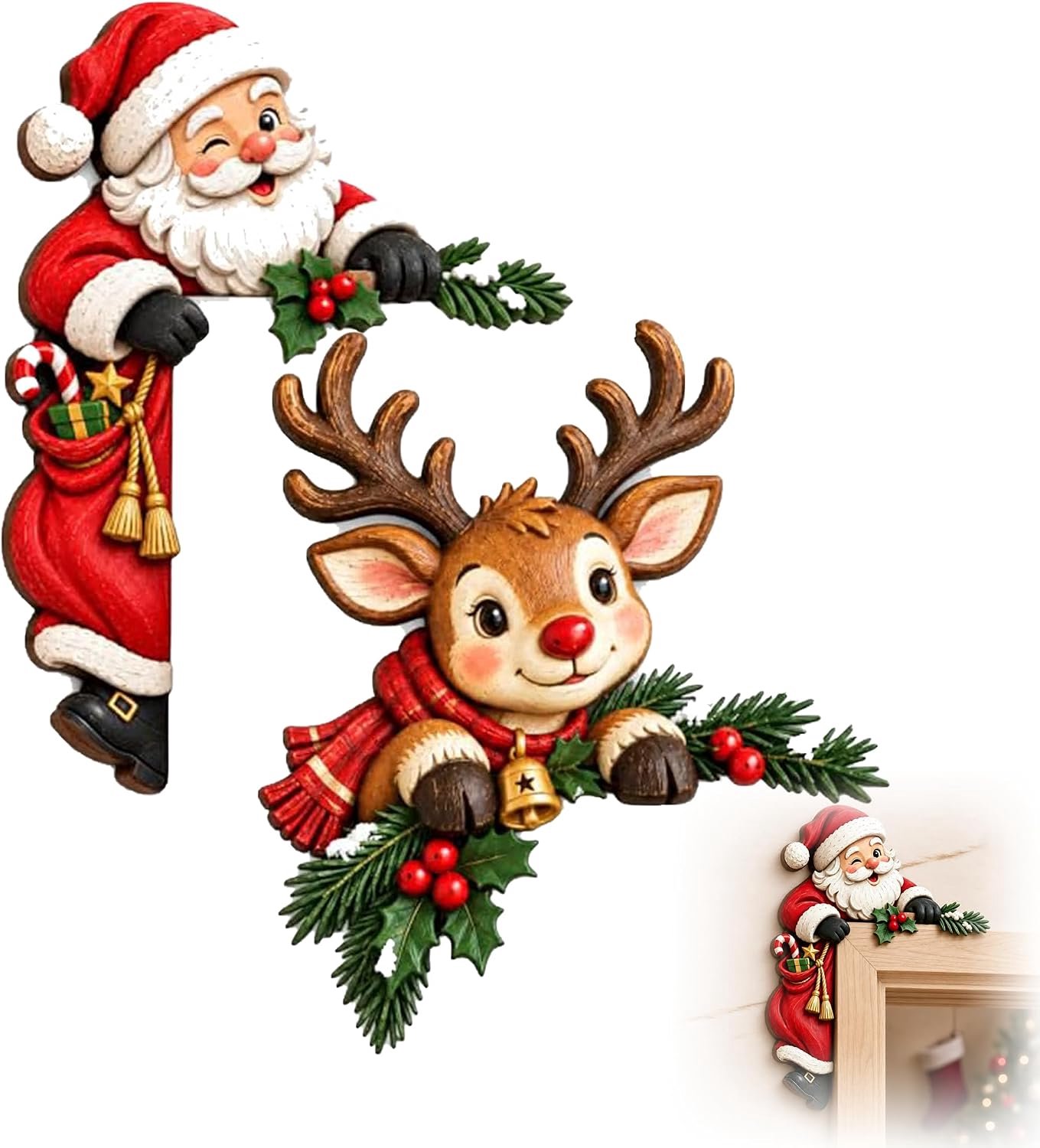Houten kerst deurhoek decoratie set van 2 stuks - kerstman en rendier - feestelijke deurlijst decoratie voor thuis