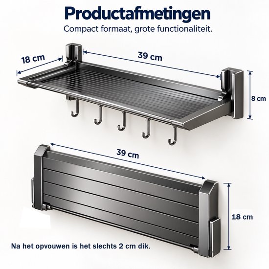 Productafmetingen: wandplank van 39x18x8 cm die opgevouwen slechts 2 cm dik is.