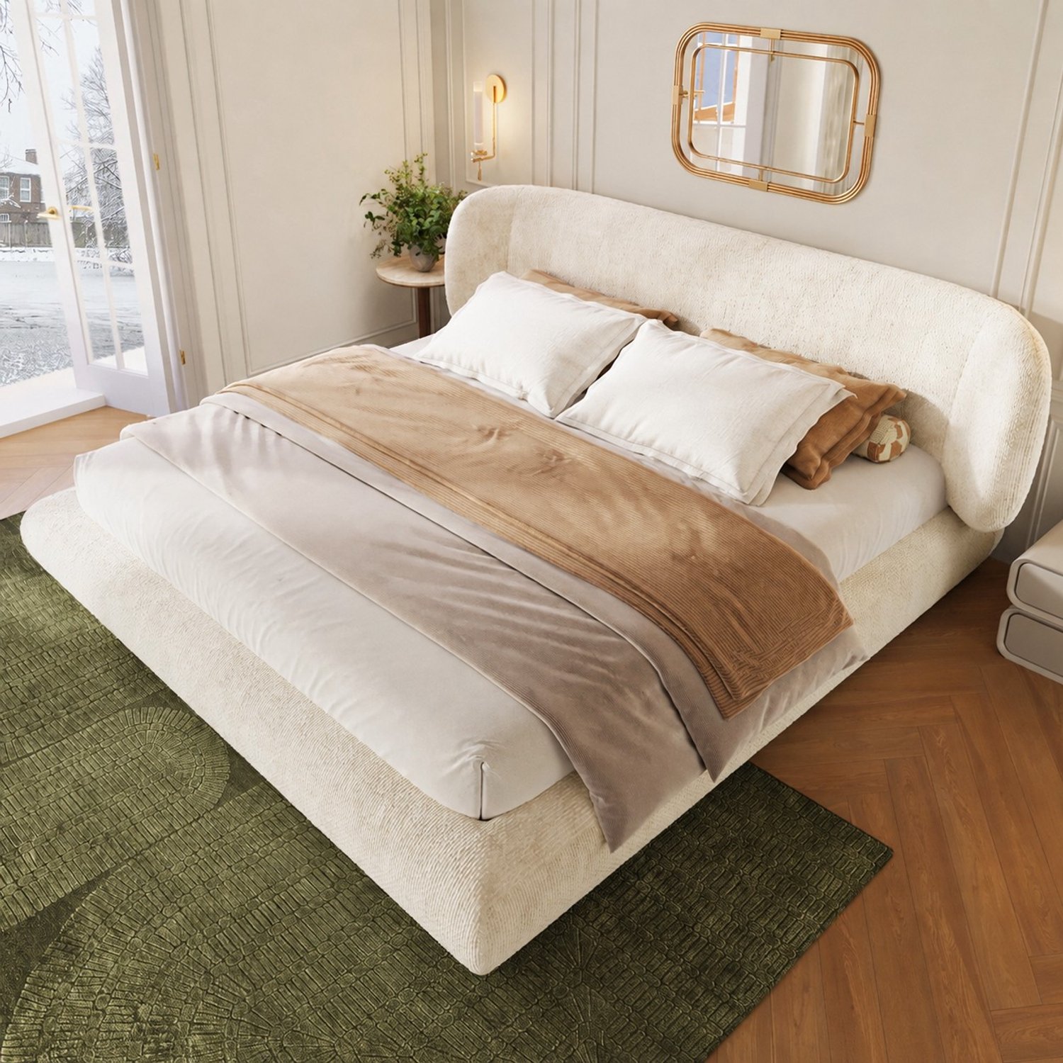 PHOEBE CAT Gestoffeerd bed - 180 x 200 cm - Tweepersoonsbed - Afgeronde hoeken - Chenille - Houten bedframe - Beige