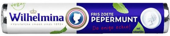 Rol Wilhelmina pepermunt met wit-blauwe wikkel, voorzien van koninklijk silhouet, munttakjes en tekst Fris zoete pepermunt.