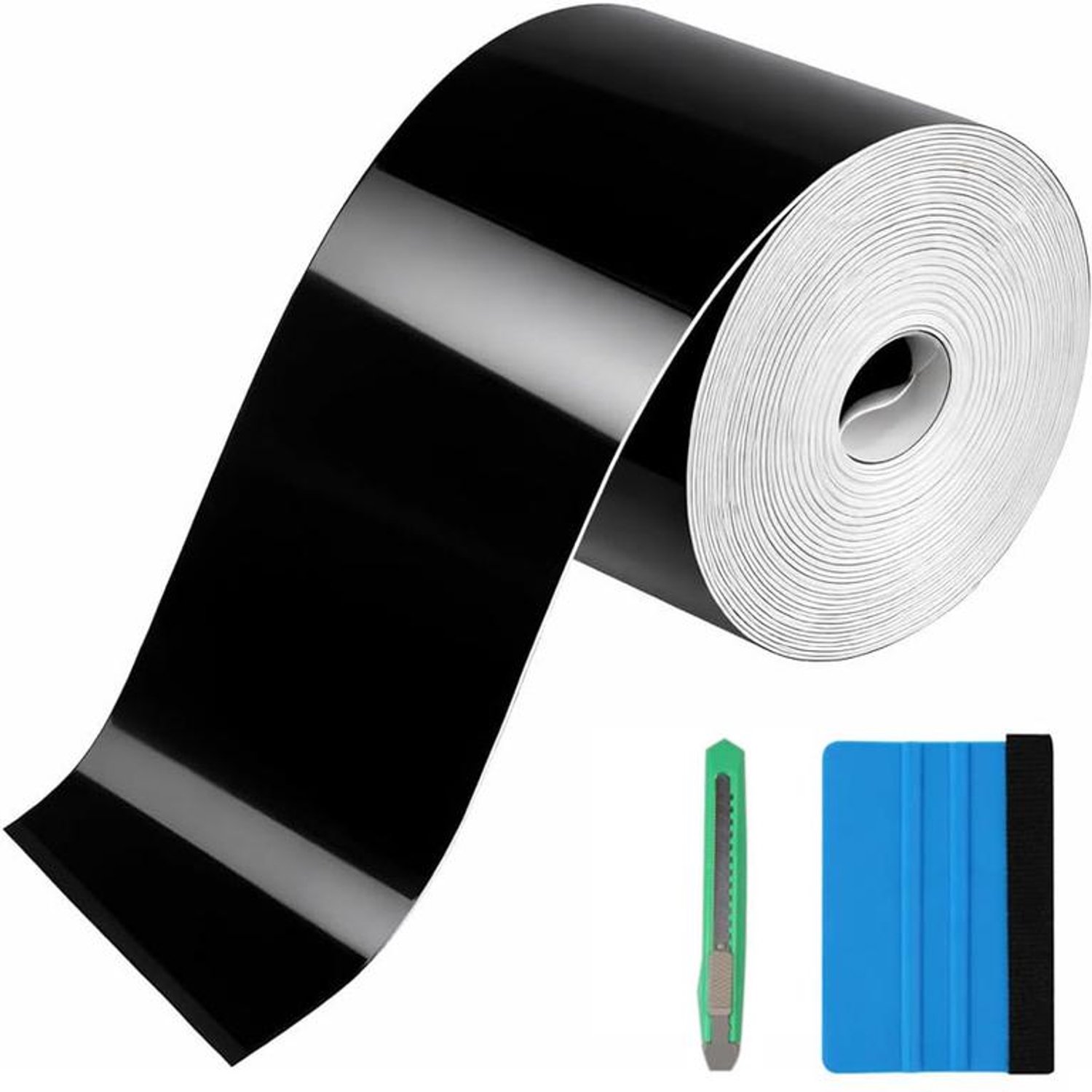 KZQ Zelfklevende beschermfolie voor auto's – Wrapfolie voor kleurverandering – Beschermfolie voor bumpers – Inclusief hobbymes en rakel - Krasbestendig & duurzaam – 10 cm x 10 m – Glanzend zwart