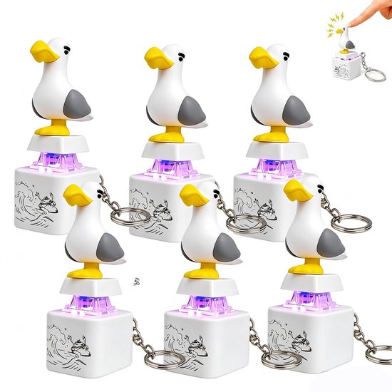 Zes oplichtende meeuw-fidget-sleutelhangers met paarse verlichting en een illustratie van een golf op de basis.