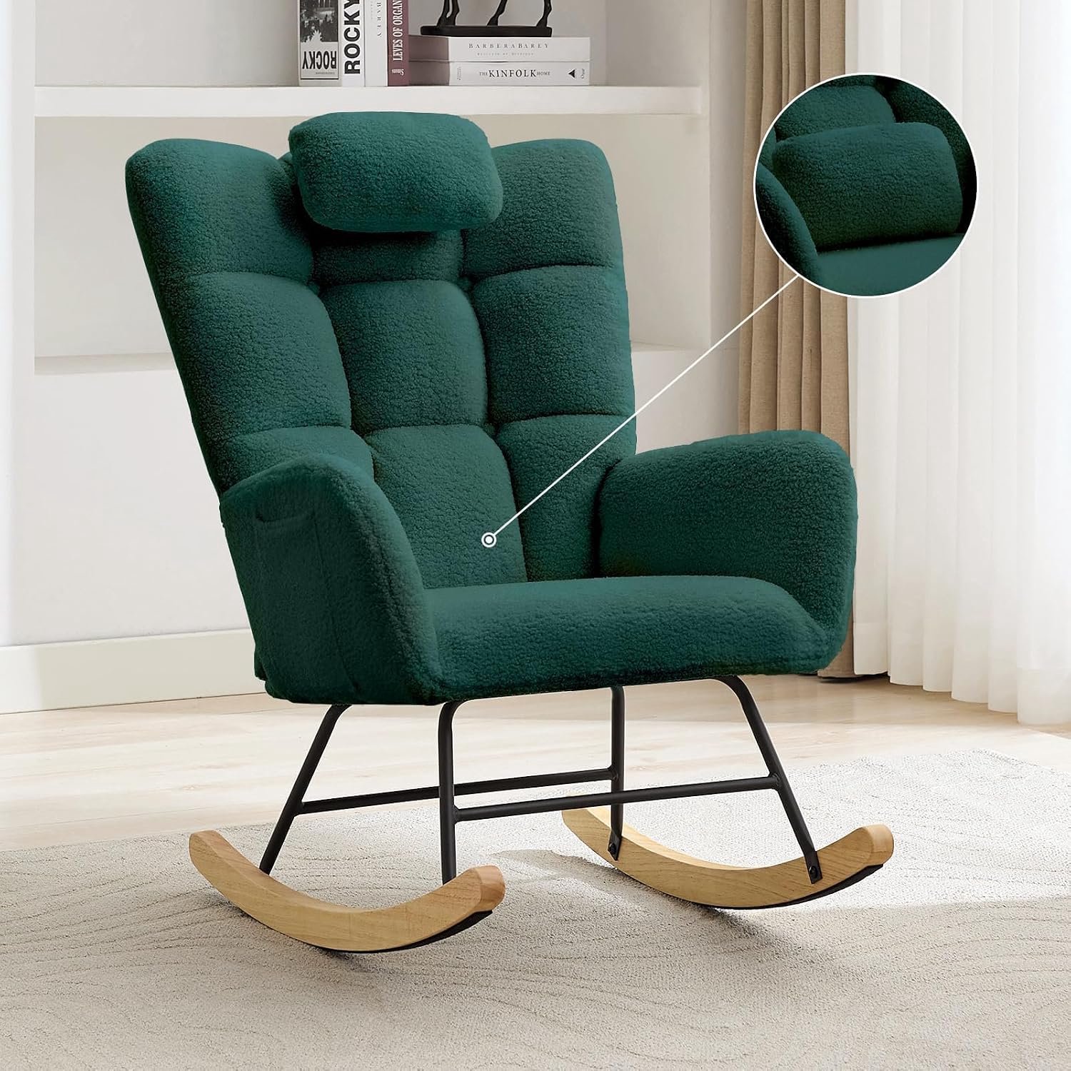 Schommelstoel met hoogleun, teddy stof, hoofdkussen en zijvak – comfortabele schommelfauteuil voor woonkamer, slaapkamer en babykamer, Donkergroen