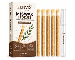 Zenvix® Miswak Stokjes Incl. Bewaarkoker (5 stuks) – Siwak – Natuurlijke Tandenborstel – 100% Natuurlijk – Biologisch Afbreekbaar – Mondverzorging Zonder Tandpasta – Siwaak