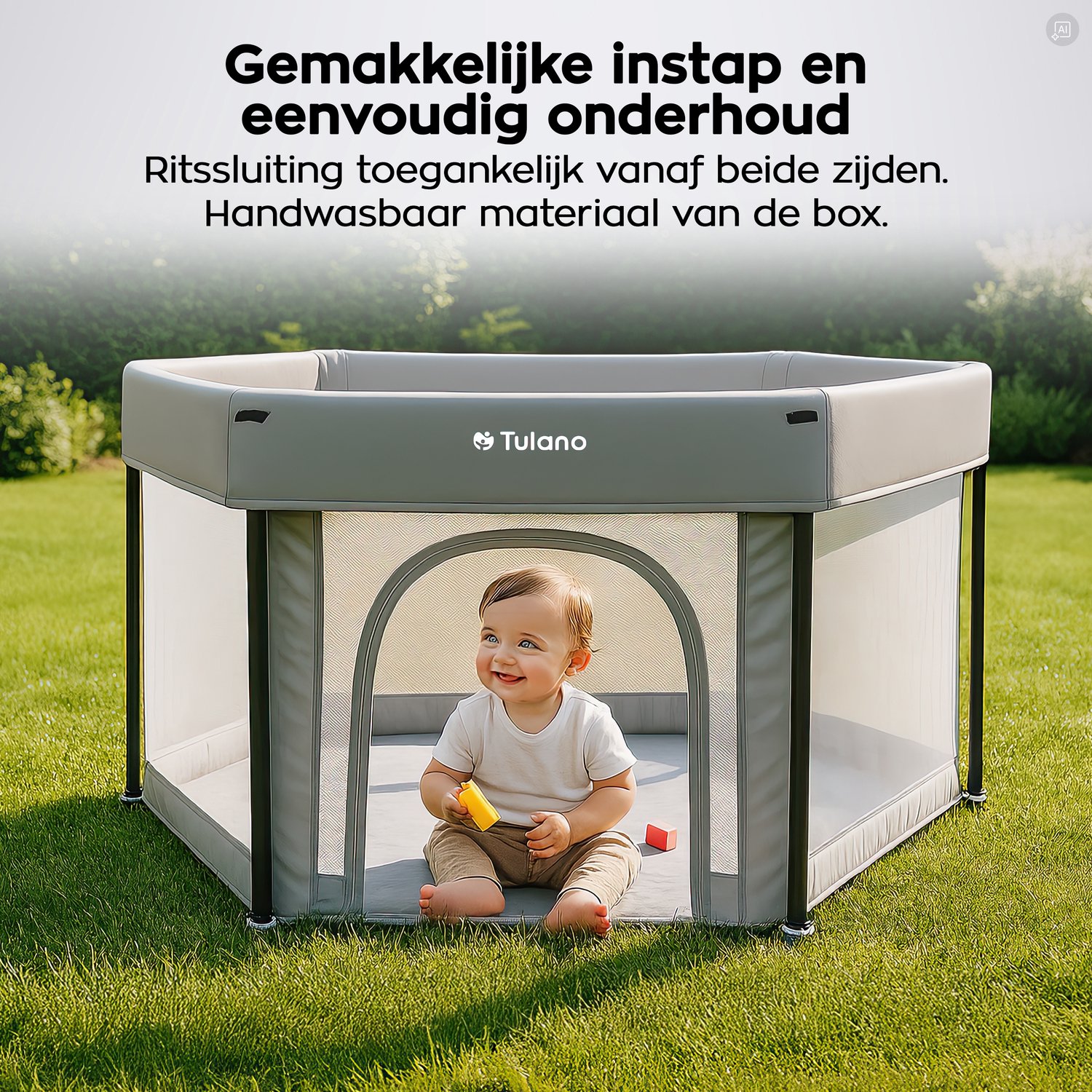 Tulano Cozy 30 - Grondbox - 125x125x66cm - Met draagtas - Inklapbare - Opvouwbare Baby Speelbox - zeshoek - voor binnen en buiten - ademend gaas - EN71 gecertificeerd - Grijs – foto 8