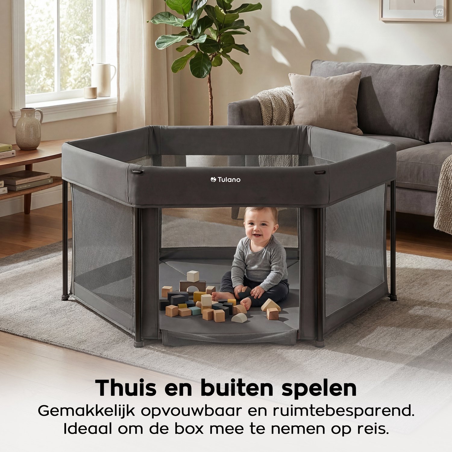Tulano Cozy 30 - Grondbox - 125x125x66cm - Met draagtas - Inklapbare - Opvouwbare Baby Speelbox - zeshoek - voor binnen en buiten - ademend gaas - EN71 gecertificeerd - Grafiet – foto 3