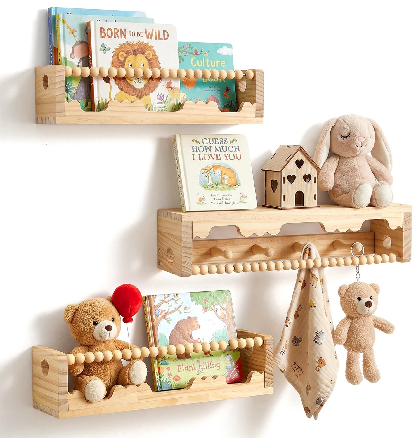 Zwevende wandplanken set 3 stuks - 40 cm houten planken - Kinderboekenplank voor kinderkamer - Montessori wandplank voor speelgoed, foto's en boeken