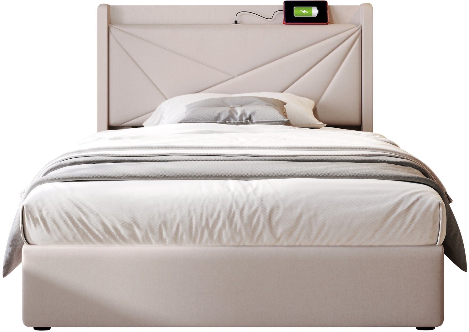 Eenpersoonsbed 90x200 Met Opbergruimte - Gestoffeerd Bed Met Linnenkatoenen Bekleding - USB En USB-C - Houten Lattenbodem - Beige