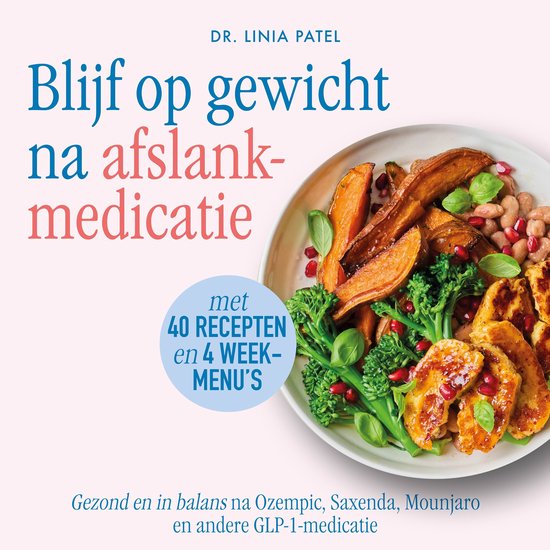 Boekomslag: Blijf op gewicht na afslankmedicatie, met een schaal geroosterde groenten en halloumi.