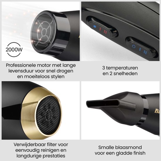 BaByliss föhn met 2000W motor, 3 temperatuurinstellingen, 2 snelheden, afneembaar filter en smalle blaasmond.
