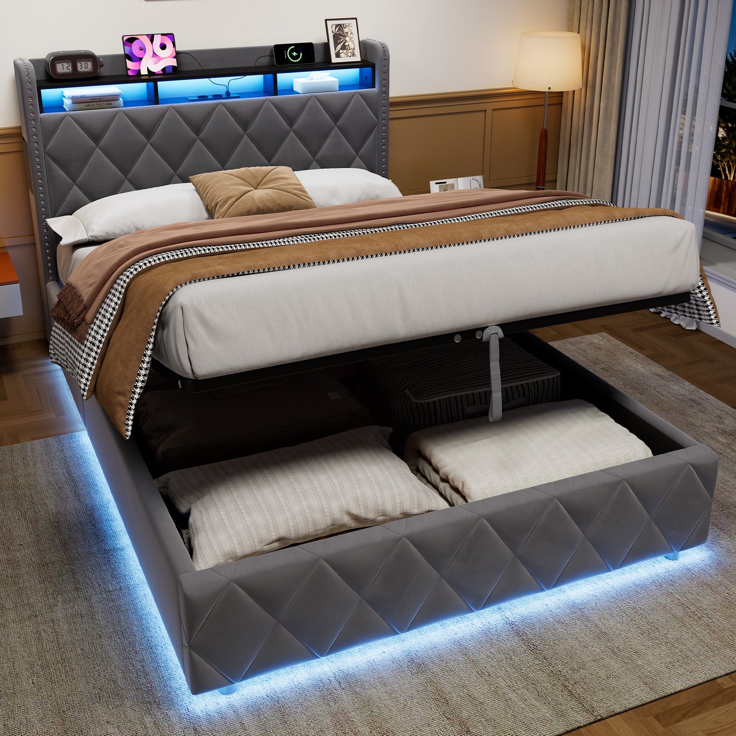 Wishdor Gestoffeerd Tweepersoonsbed 140x200cm met Opbergruimte - Grijs - Luxe Ruitpatroon Bed met LED Verlichting, USB, Kast & Lattenbodem